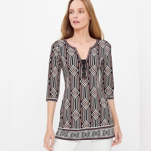 White House Black Market Tops - White House Black Market Lace Up Detail Print Tunic